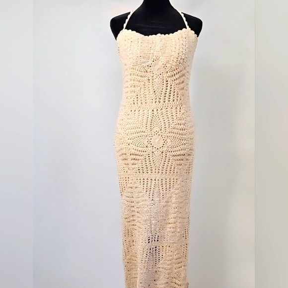 FP Halter Crochet Knit Maxi Dress w Side Slit Boho Throwback Flowerchild Hippie - Picture 1 of 15